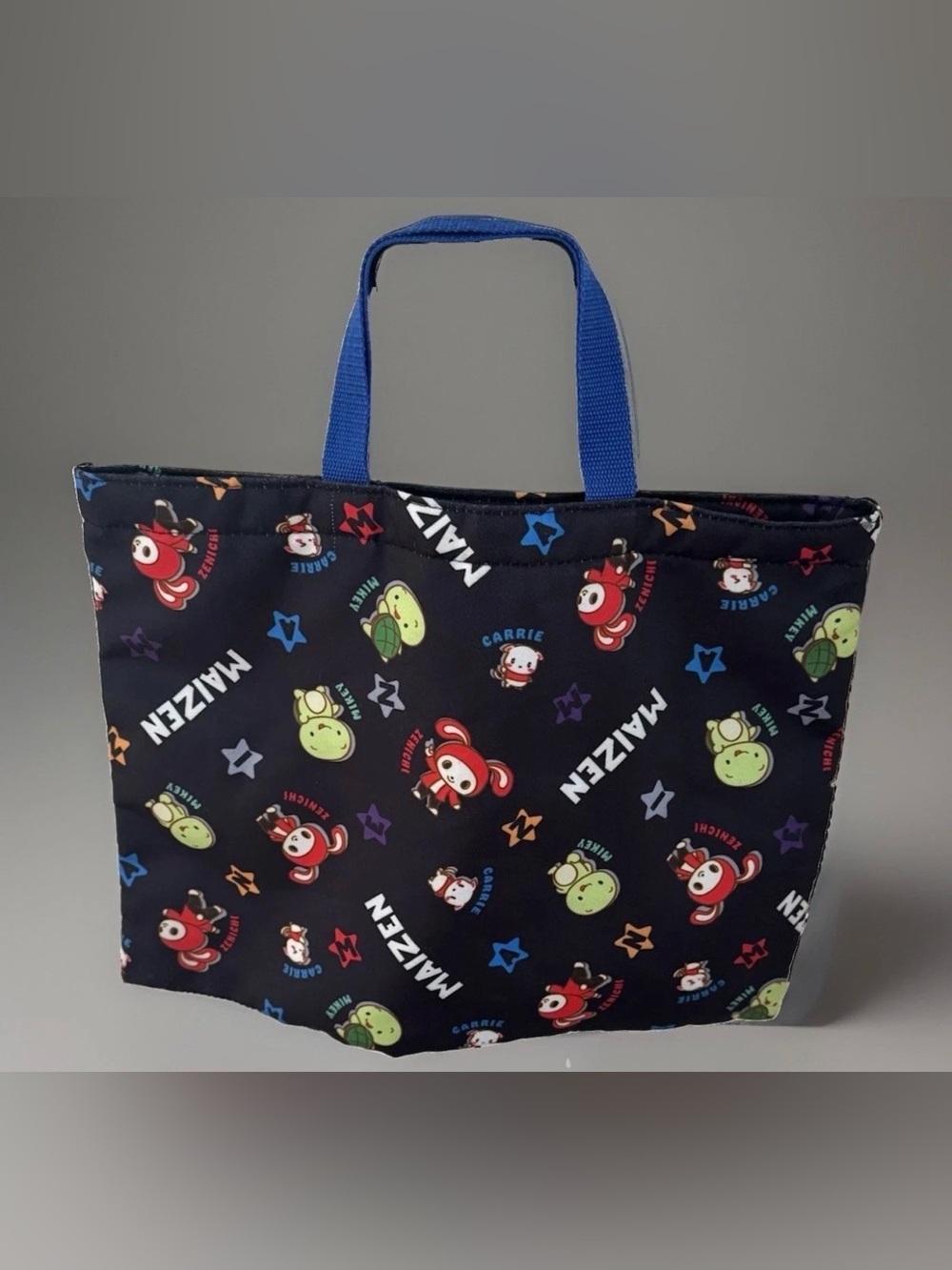 Kids Black Character Tote Bag with Blue Handles - Print